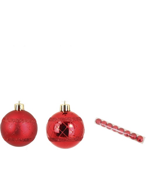 Set de 8 boules decor carreaux de noel rouge - Kiabi