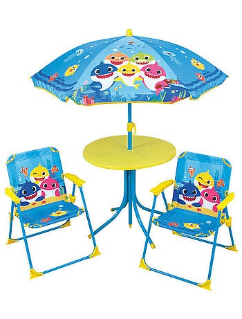 Set de jardin Baby Shark incluant 1 Table Ronde, 2 Chaises, 1 Parasol pour enfant