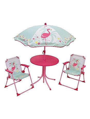 Set de Jardin Flamant Rose 4 Pièces 2 chaises Table et parasol