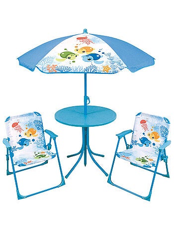 Set de jardin Ma Petite Carapace : 1 Table Ronde, 2 Chaises, 1 Parasol pour enfant