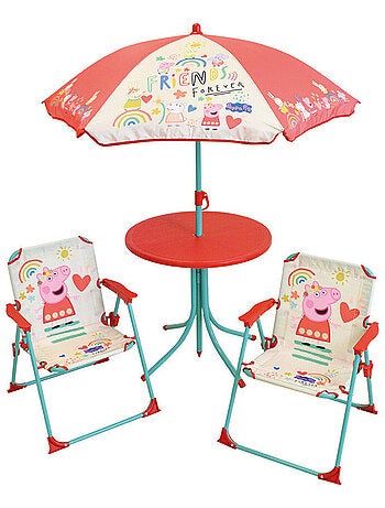 Set de jardin Peppa Pig incluant 1 Table Ronde, 2 Chaises, 1 Parasol pour enfant