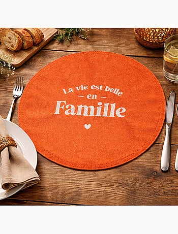 Set de table rond à paillettes brodé la vie est belle en famille