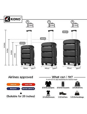 Set de valises - 55/65/76 cm abs 4 roulettes serrure tsa - kono