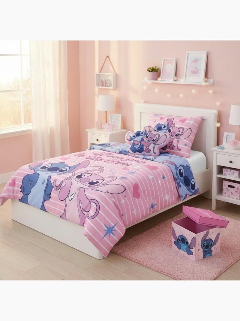 Set Déco Chambre Fille Stitch & Angel 3 Pièces – Housse Couette 140x200 cm Polycoton Réversible Noir Rose Bleu - Kiabi