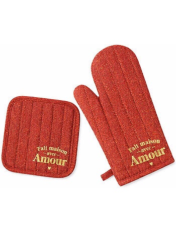 Set gant et manique de cuisine fait maison avec amour rouge pailleté