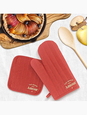 Set gant et manique de cuisine fait maison avec amour rouge pailleté