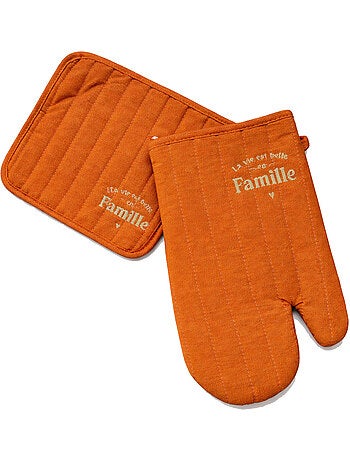 Set gant et manique de cuisine la vie est belle en famille brique pailleté