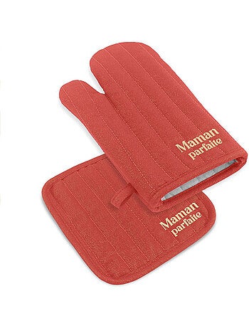 Set gant et manique de cuisine Maman parfaite rouge pailleté