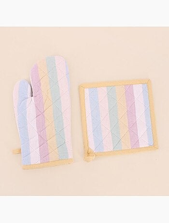 Set gant + manique rayé coloris pastel