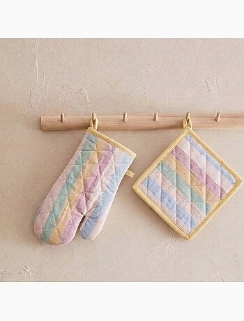 Set gant + manique rayé coloris pastel
