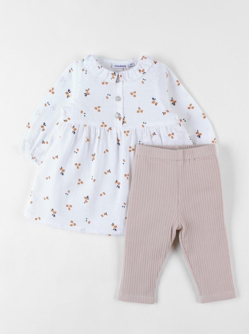 Set robe imprimé fleuri + legging en jersey côtelé, écru/sable Noukie's Blanc - Kiabi