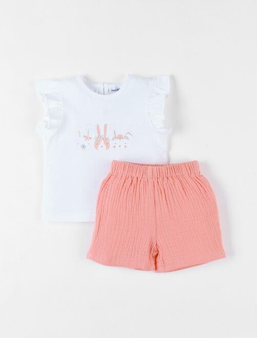 Set t-shirt lapins + short, corail/écru Noukie's - Kiabi