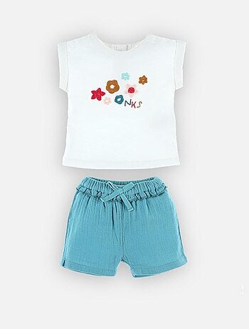Set t-shirt + short en coton BIO, écru/aqua - Kiabi