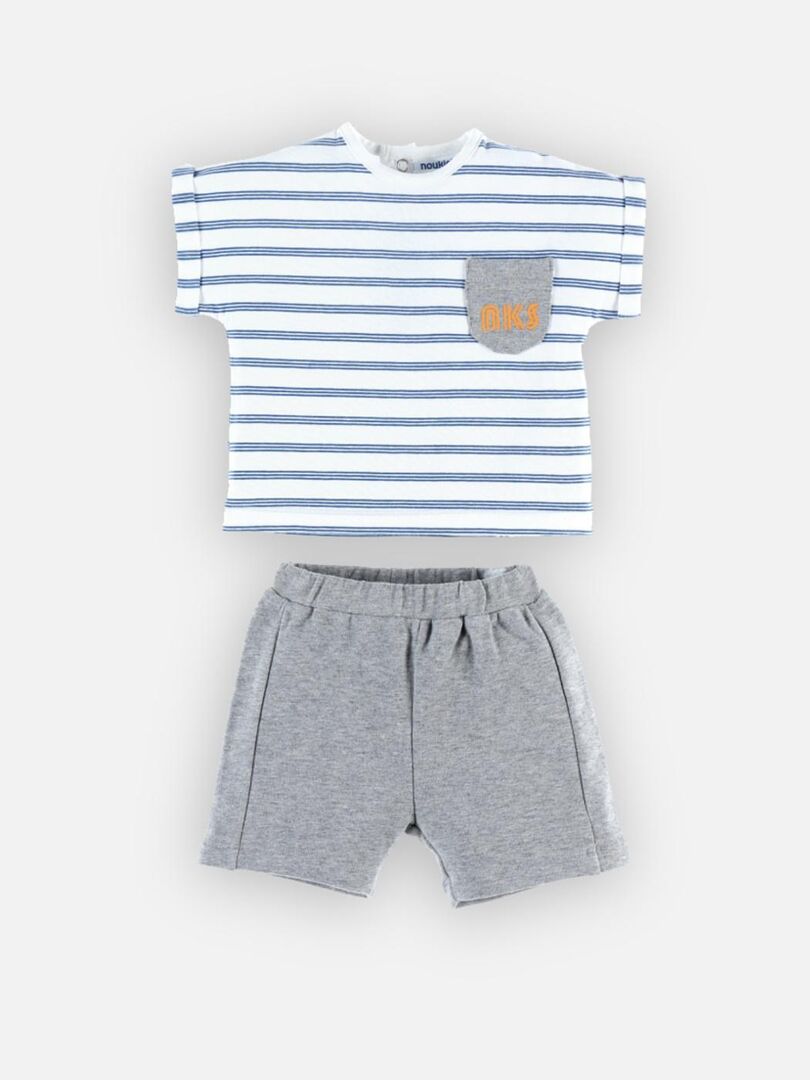 Ensemble Bébé Garçon Ikks Zara 12 Mois - T-shirt écru + Short Gris-vert, Coton, Occasion Très Bon état