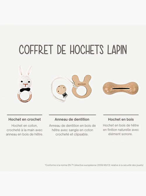 SEVIRA KIDS | Coffret de 3 hochets en coton et bois naturel - Kiabi