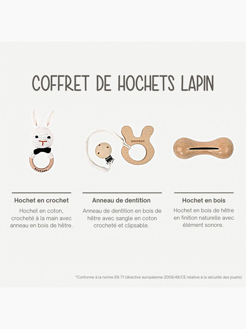 SEVIRA KIDS | Coffret de 3 hochets en coton et bois naturel Blanc - Kiabi