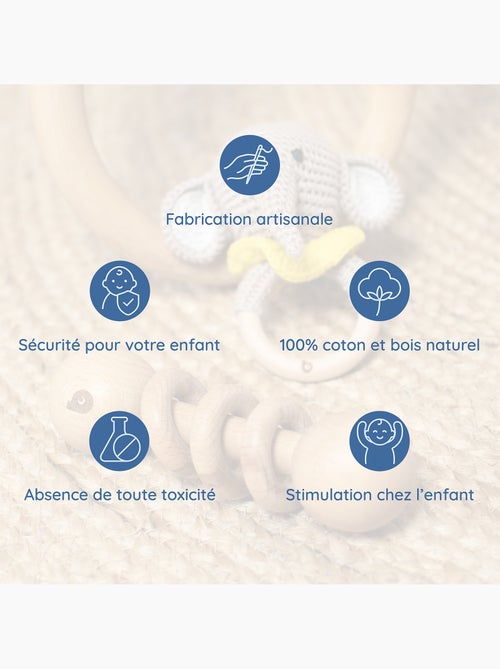 SEVIRA KIDS | Coffret de 3 hochets en coton et bois naturel - Kiabi