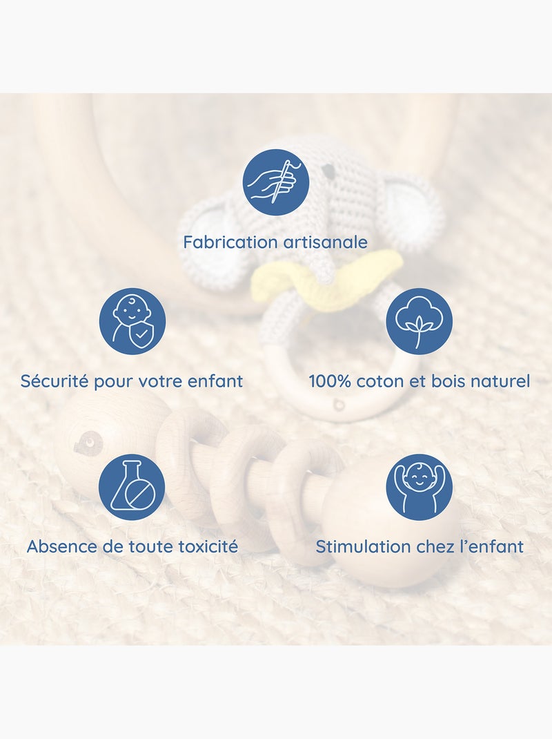 SEVIRA KIDS | Coffret de 3 hochets en coton et bois naturel Blanc - Kiabi