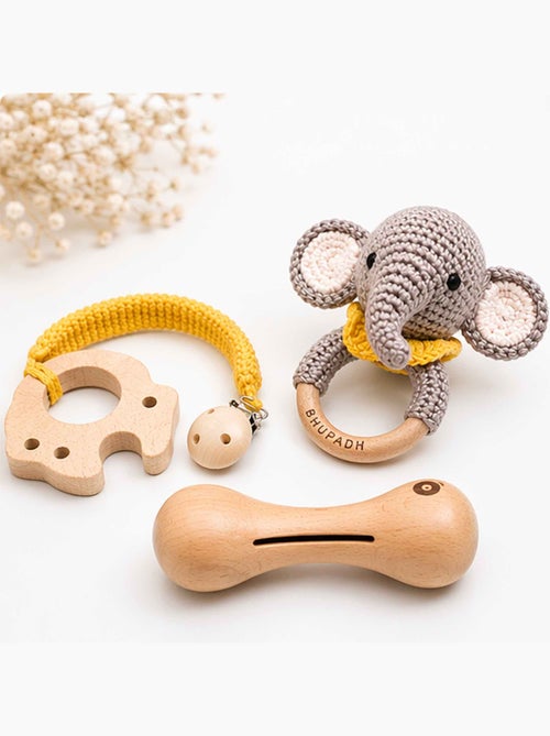 SEVIRA KIDS | Coffret de 3 hochets en coton et bois naturel - Kiabi