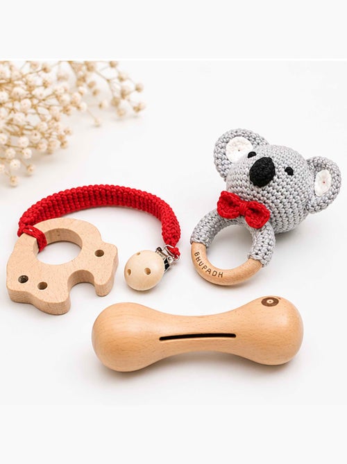 SEVIRA KIDS | Coffret de 3 hochets en coton et bois naturel - Kiabi