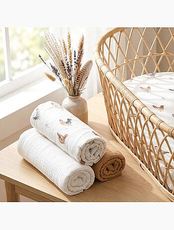 SEVIRA KIDS | Lot de 3 draps housses couffin panier moïse coton Gallina