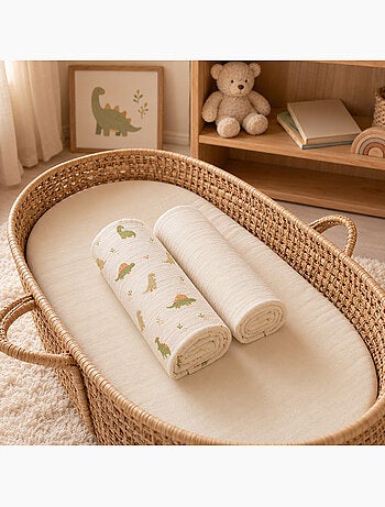 SEVIRA KIDS | Set de 2 draps housse pour couffin en gaze de coton Dino