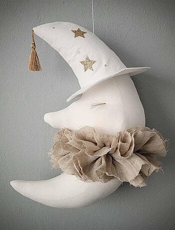 Sevira kids | trophée mural lune en lin – décoration chambre bébé enfant