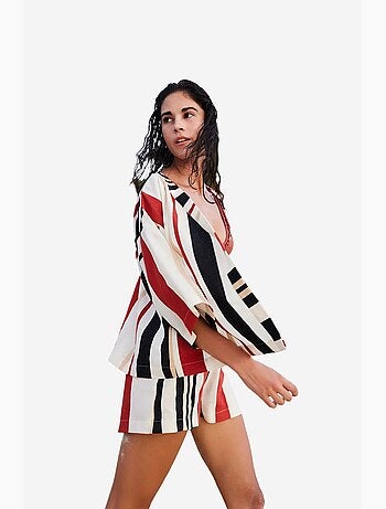 Shay rayé à motif ethnique, col v, kimono oversize penti