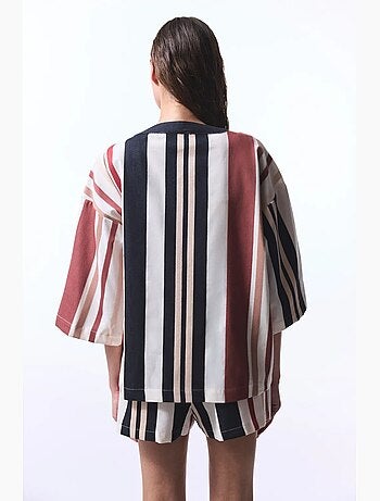 Shay rayé à motif ethnique, col v, kimono oversize penti
