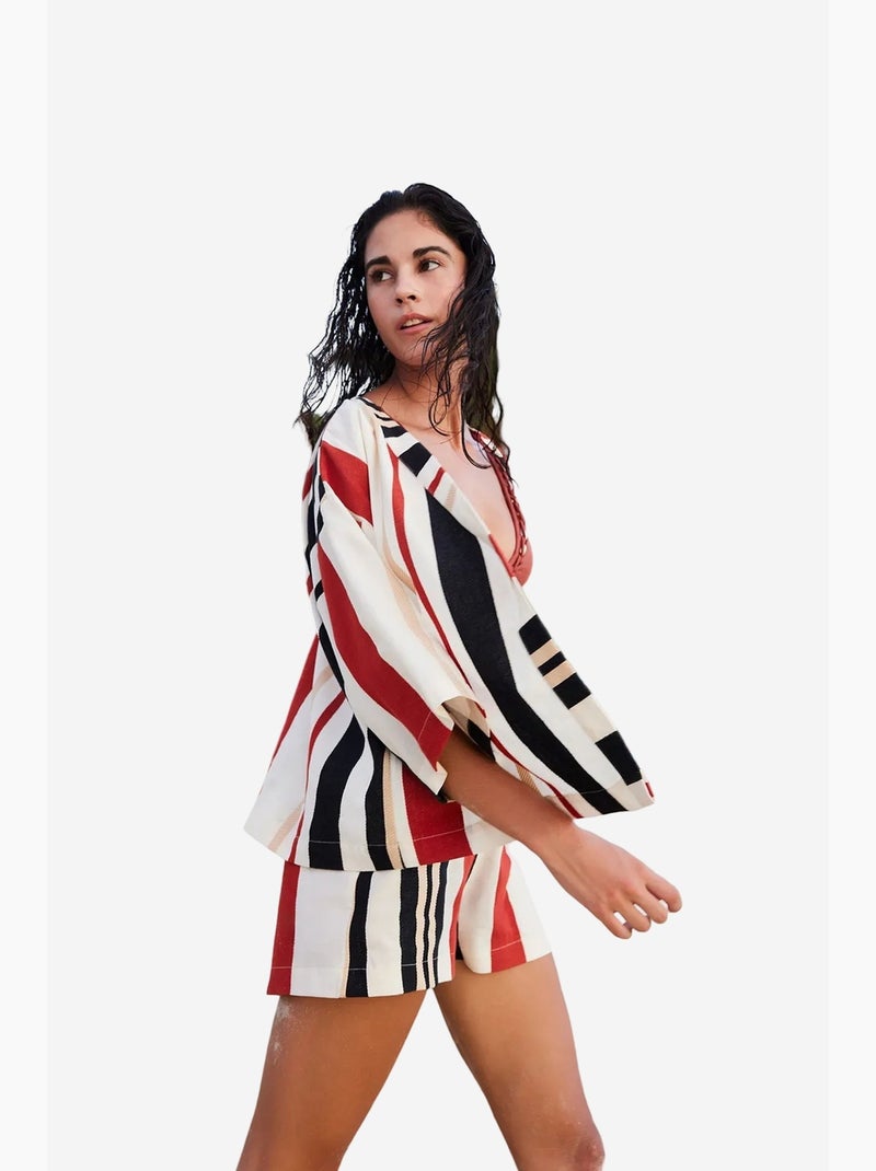 Shay rayé à motif ethnique, col v, kimono oversize penti Multicolore - Kiabi