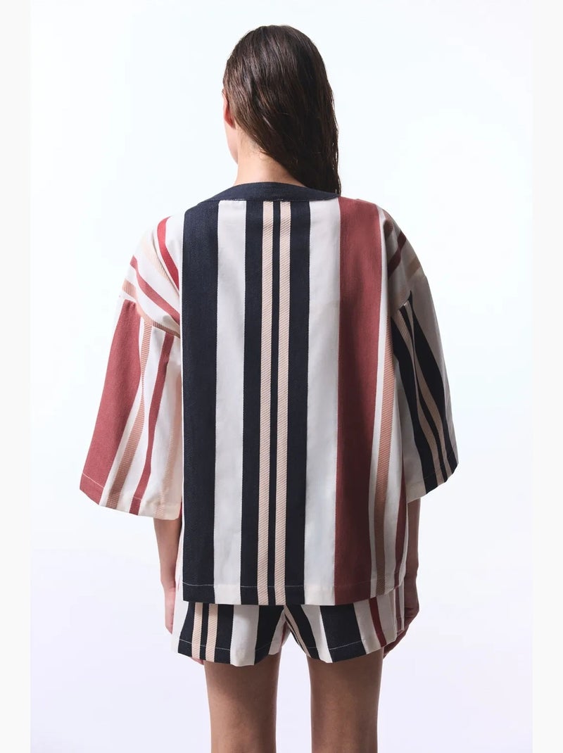 Shay rayé à motif ethnique, col v, kimono oversize penti Multicolore - Kiabi