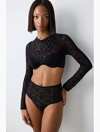 Shinny lace croplet en dentelle à manches longues penti