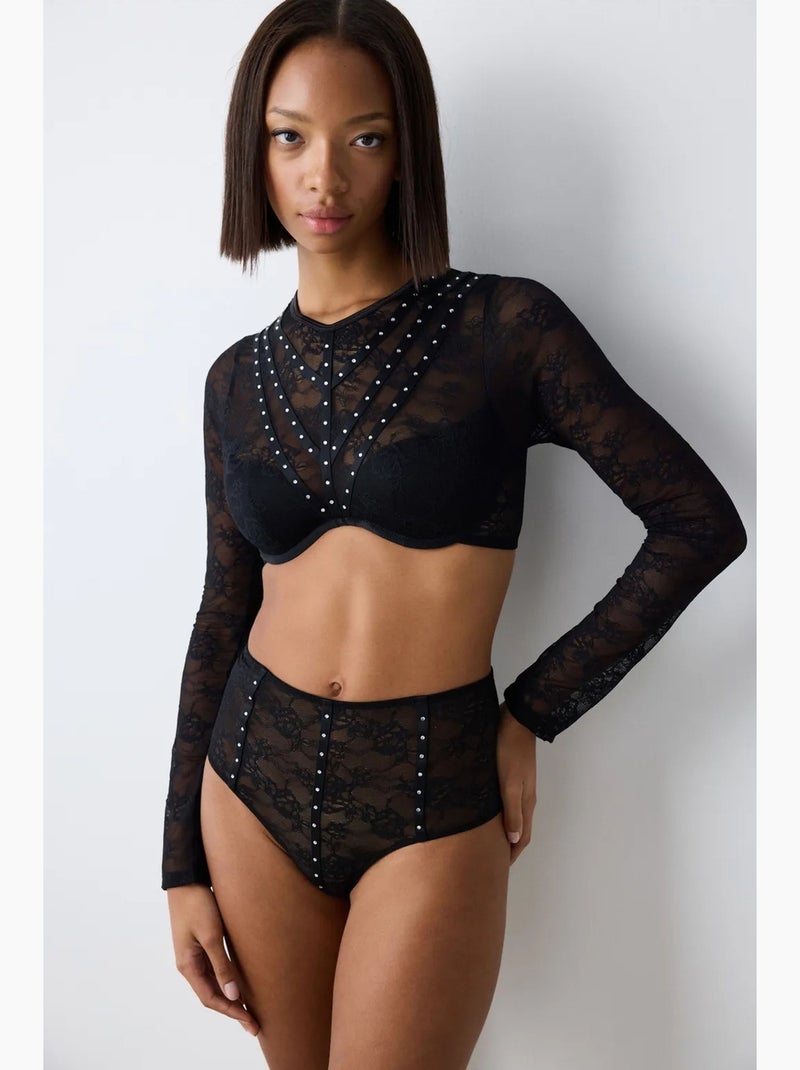 Shinny lace croplet en dentelle à manches longues penti Noir - Kiabi