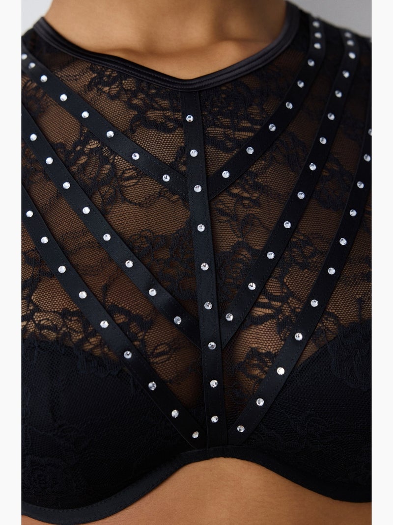 Shinny lace croplet en dentelle à manches longues penti Noir - Kiabi