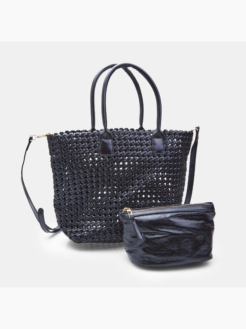 Shopper tressé avec pochettes intérieures Noir - Kiabi