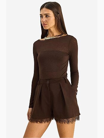 Short à jambes larges taille haute avec détail en dentelle lucci