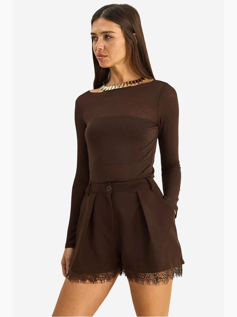 Short à jambes larges taille haute avec détail en dentelle lucci Marron foncé - Kiabi