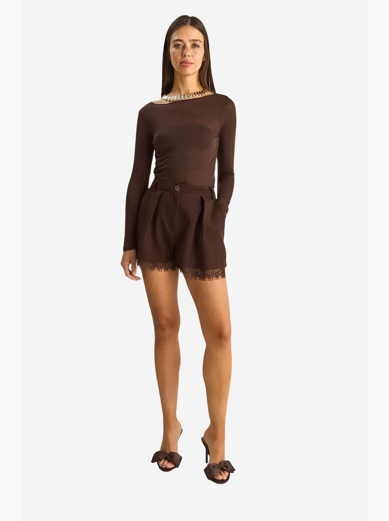 Short à jambes larges taille haute avec détail en dentelle lucci Marron foncé - Kiabi