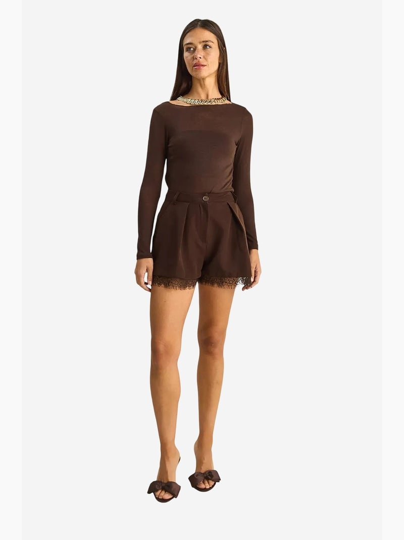 Short à jambes larges taille haute avec détail en dentelle lucci Marron foncé - Kiabi