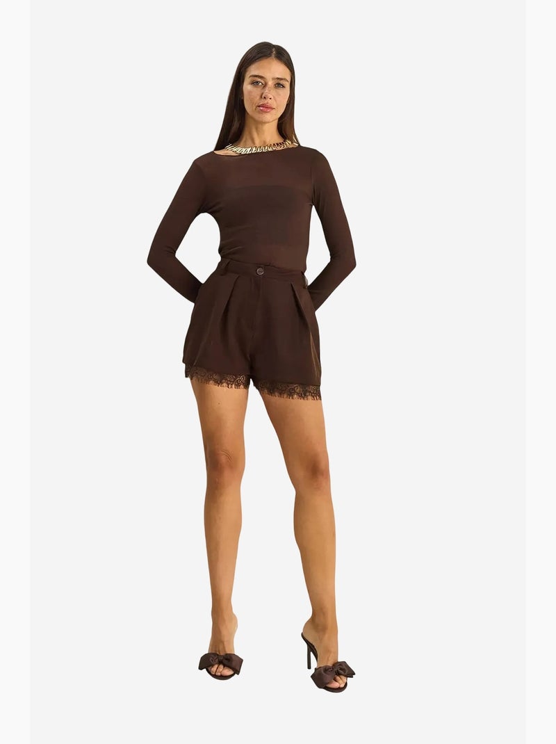 Short à jambes larges taille haute avec détail en dentelle lucci Marron foncé - Kiabi