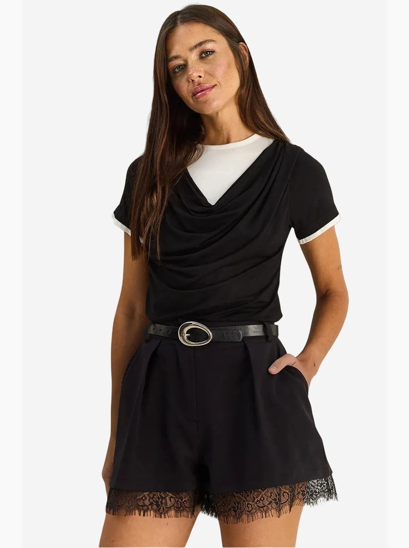 Short à jambes larges taille haute avec détail en dentelle lucci Noir - Kiabi