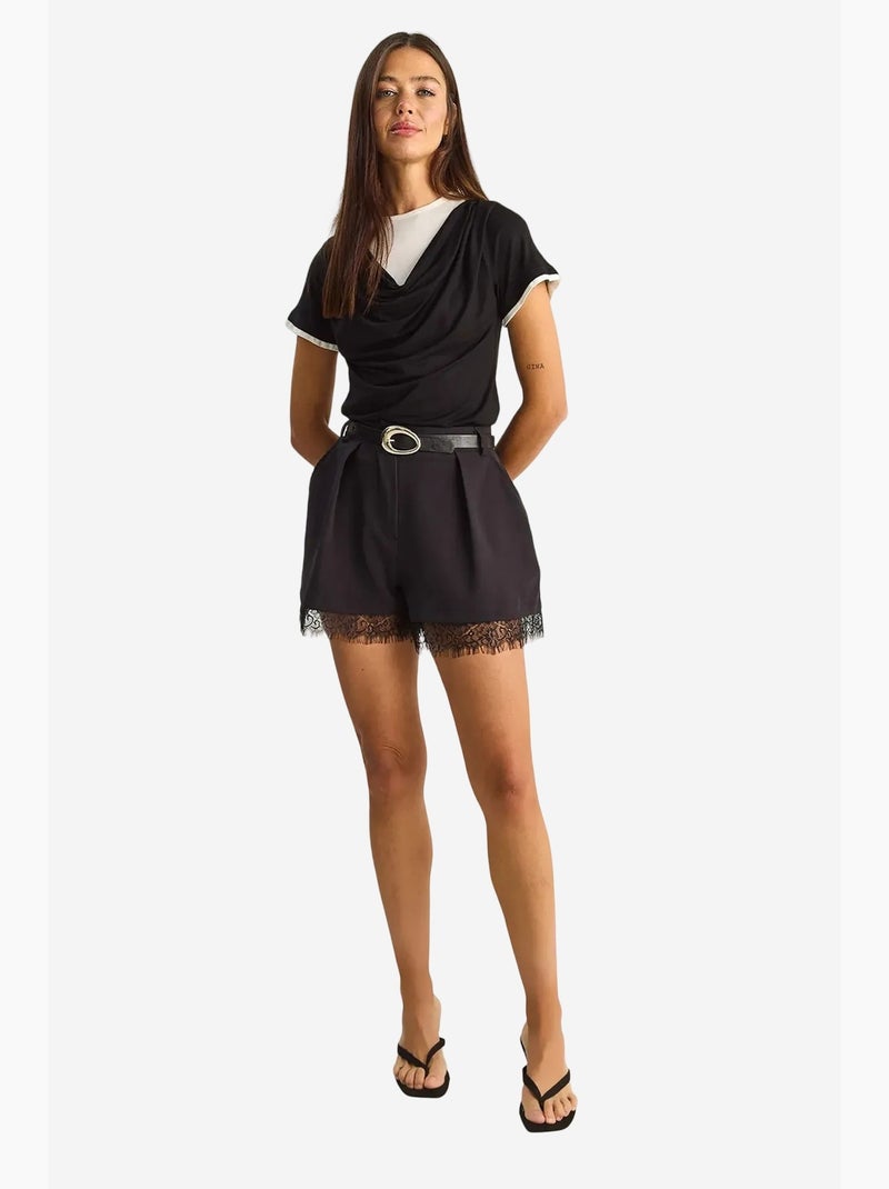 Short à jambes larges taille haute avec détail en dentelle lucci Noir - Kiabi