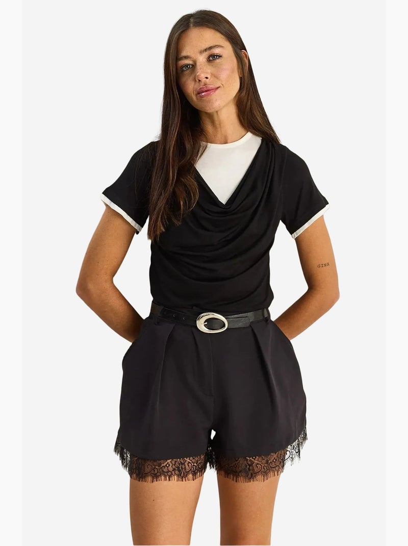 Short à jambes larges taille haute avec détail en dentelle lucci Noir - Kiabi