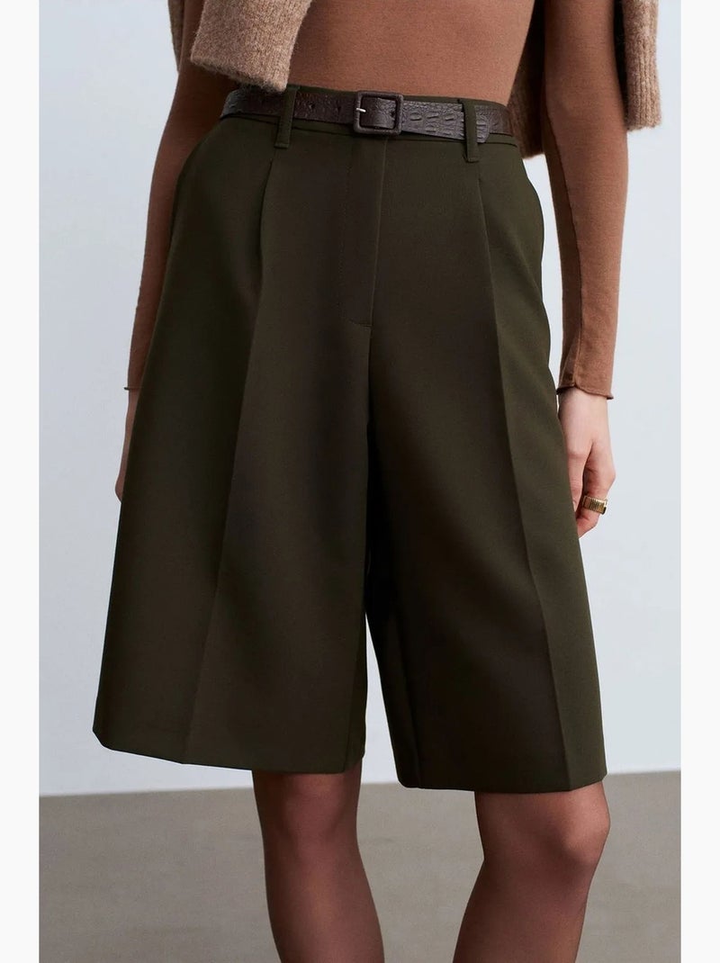 Short à taille haute, ceinture et jambe large dilvin Vert kaki - Kiabi