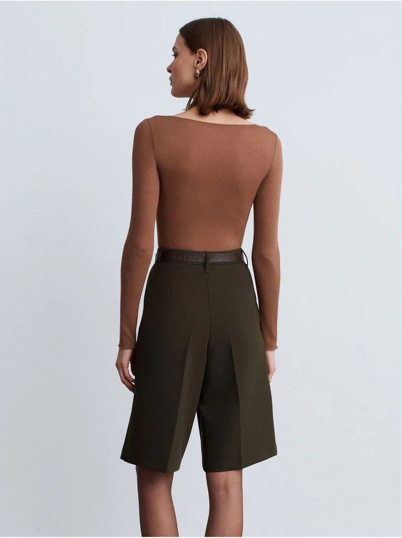 Short À Taille Haute, Ceinture Et Jambe Large Vert kaki - Kiabi