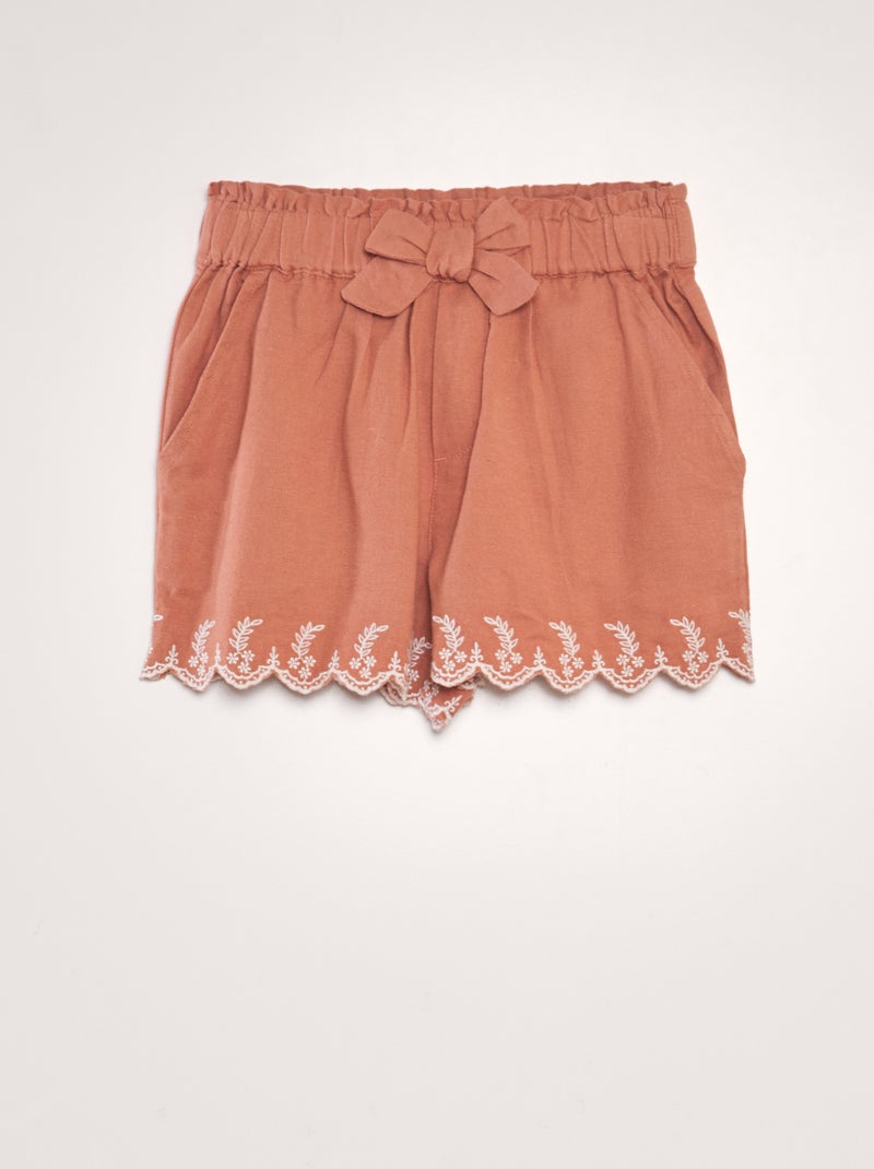 Short brodé en coton et lin Rose - Kiabi