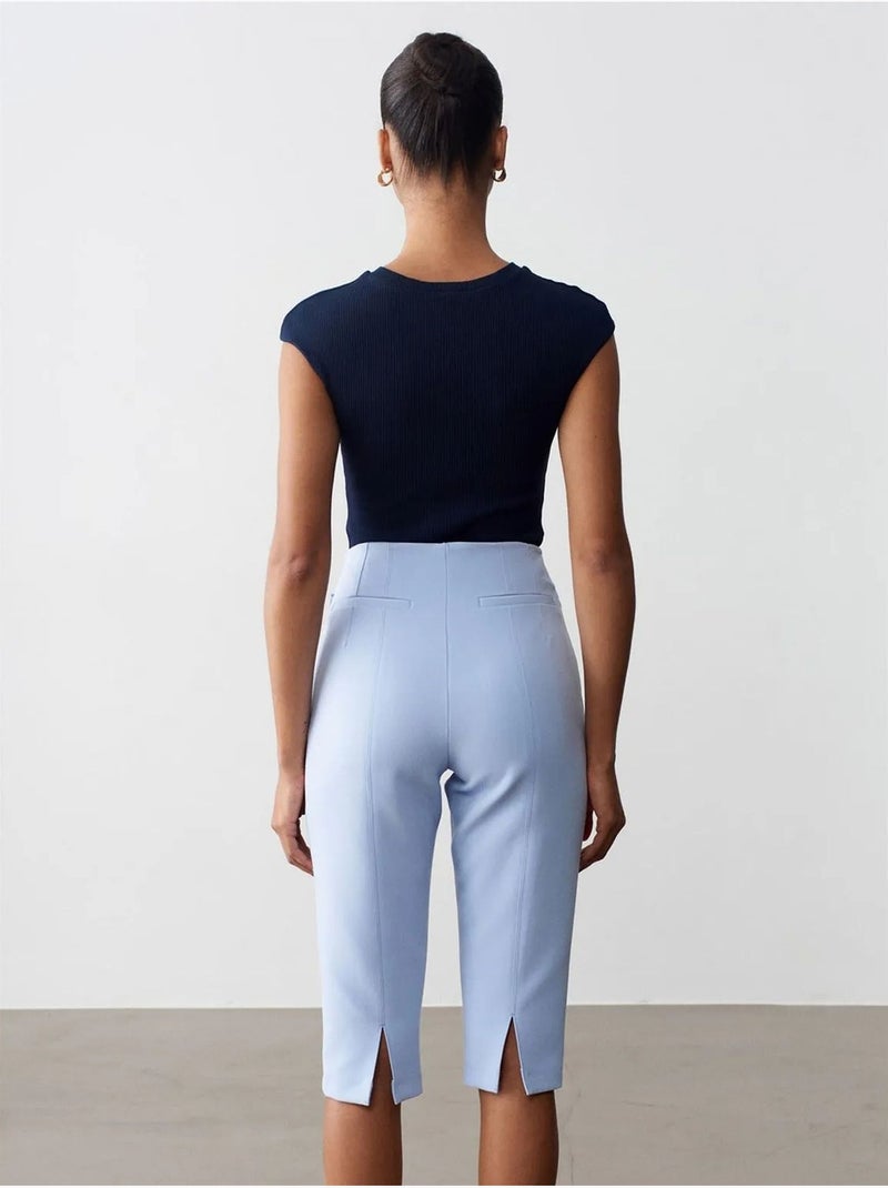 Short Capri Droit Taille Haute Avec Fente Bleu ciel - Kiabi