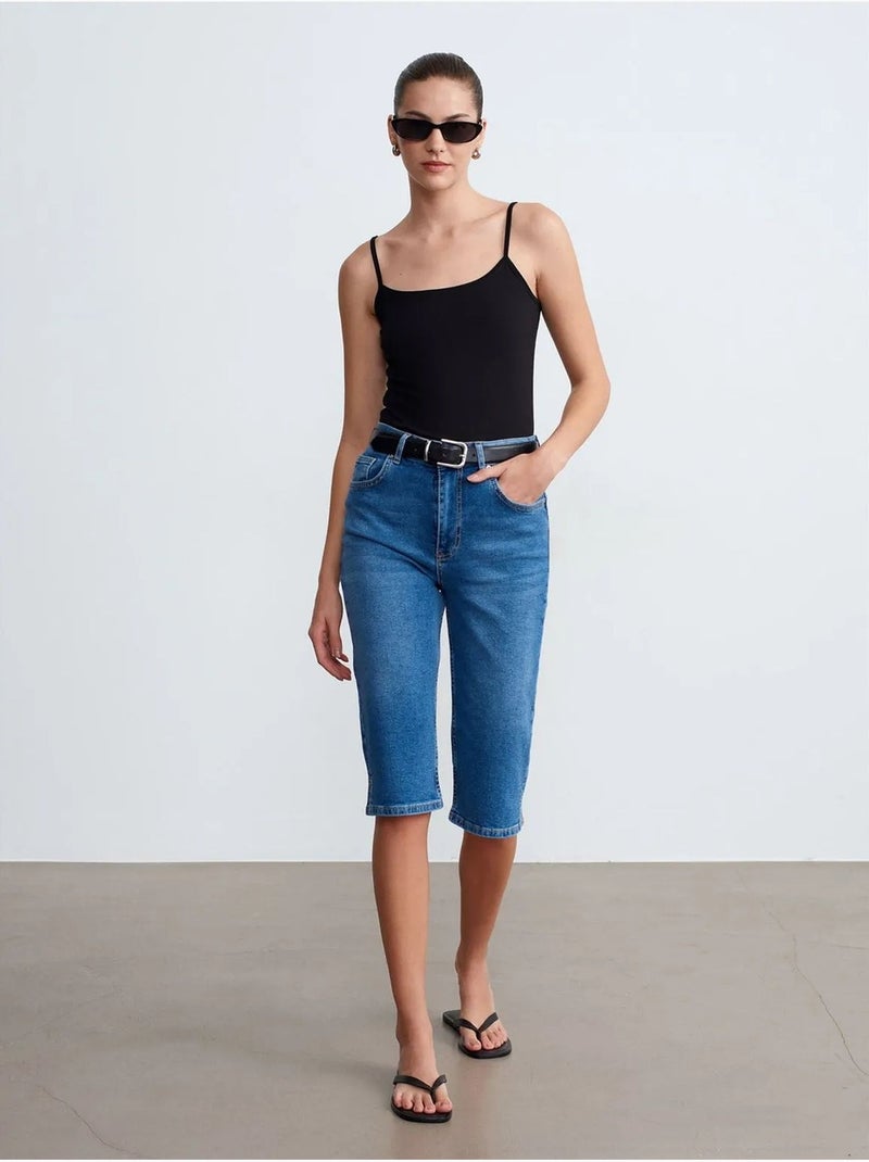 Short Capri En Denim À Taille Haute Bleu roi - Kiabi