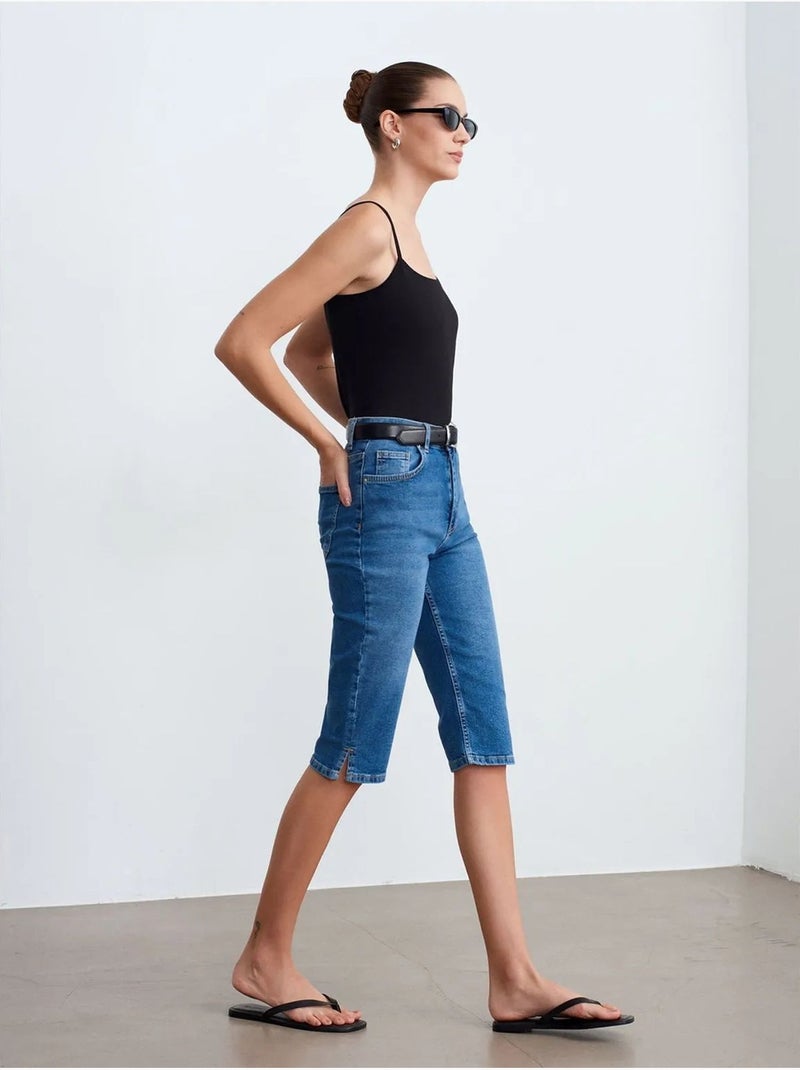 Short Capri En Denim À Taille Haute Bleu roi - Kiabi