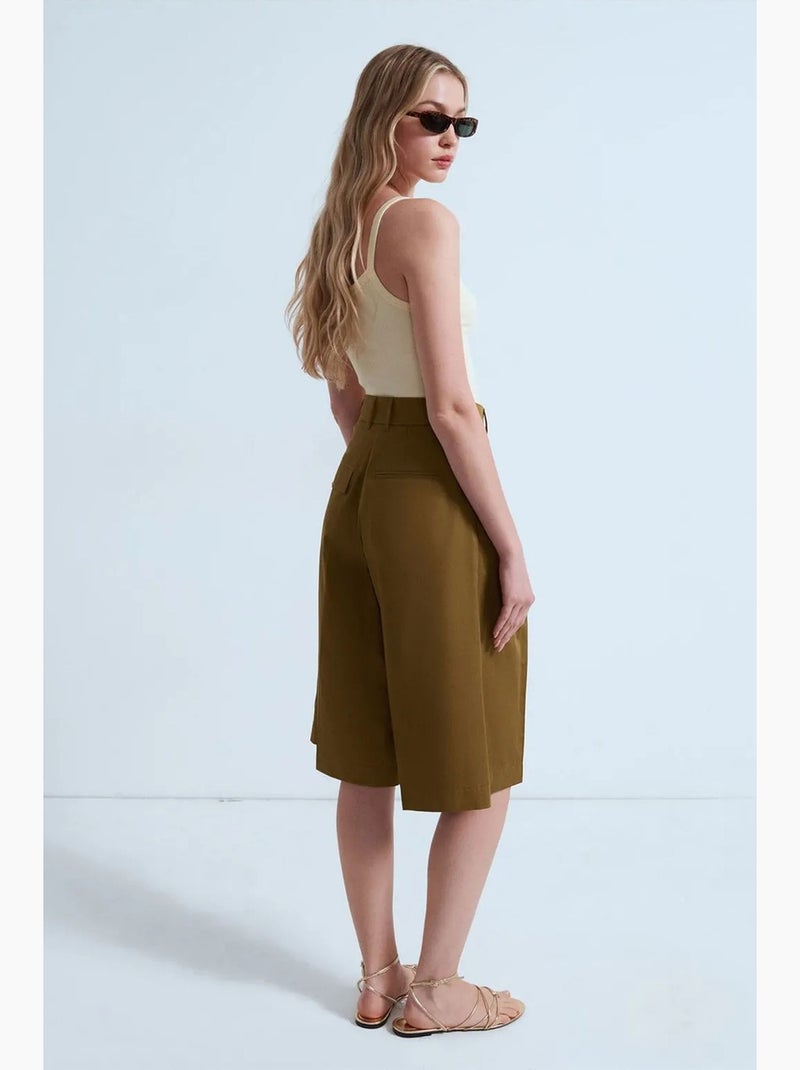 Short capri en popeline de coton à taille haute dilvin Kaki - Kiabi